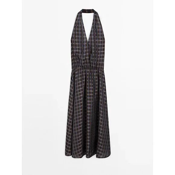 Massimo Dutti Womens Dress EU 38
US 6 Plaid Halter Neck Blue Brown NWT - Picture 4 of 15
